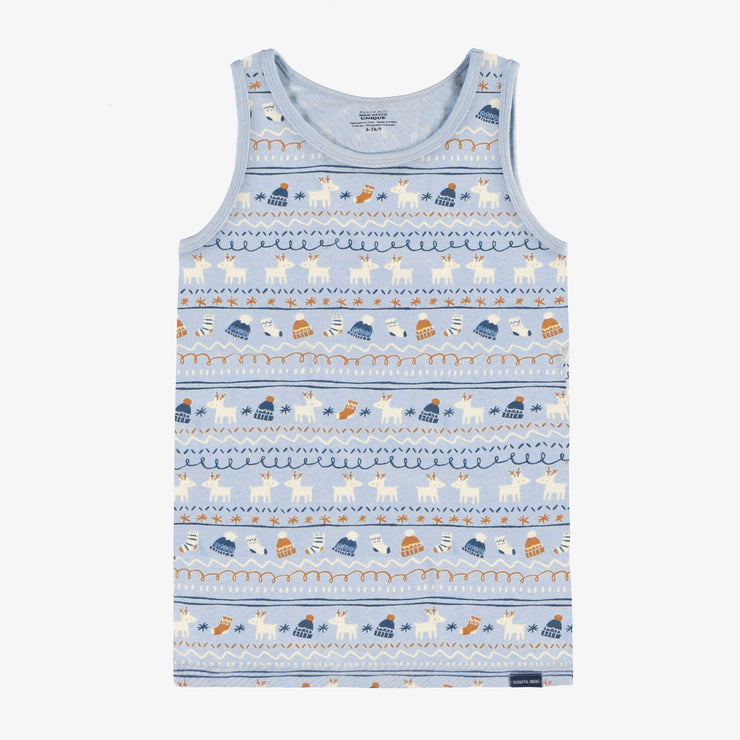 Camisole bleue à motif automnal en jersey extensible, enfant || Blue camisole with autumnal all over print in stretch jersey, child