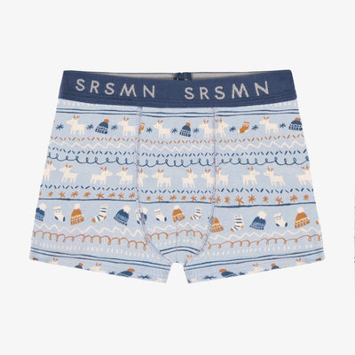 Boxer bleu à motif automnal en jersey extensible, enfant || Blue boxer with autumnal all over print in stretch jersey, child