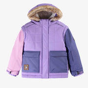 Habit de neige deux pièces mauve et bleu-mauve avec bloc de couleur rose, enfant || Two-piece purple and blue-purple snowsuit with pink color block, child