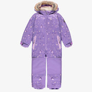 Habit de neige une-pièce mauve à motif avec capuchon à fausse fourrure, enfant || Purple one-piece snowsuit with all over print and faux fur hood, child