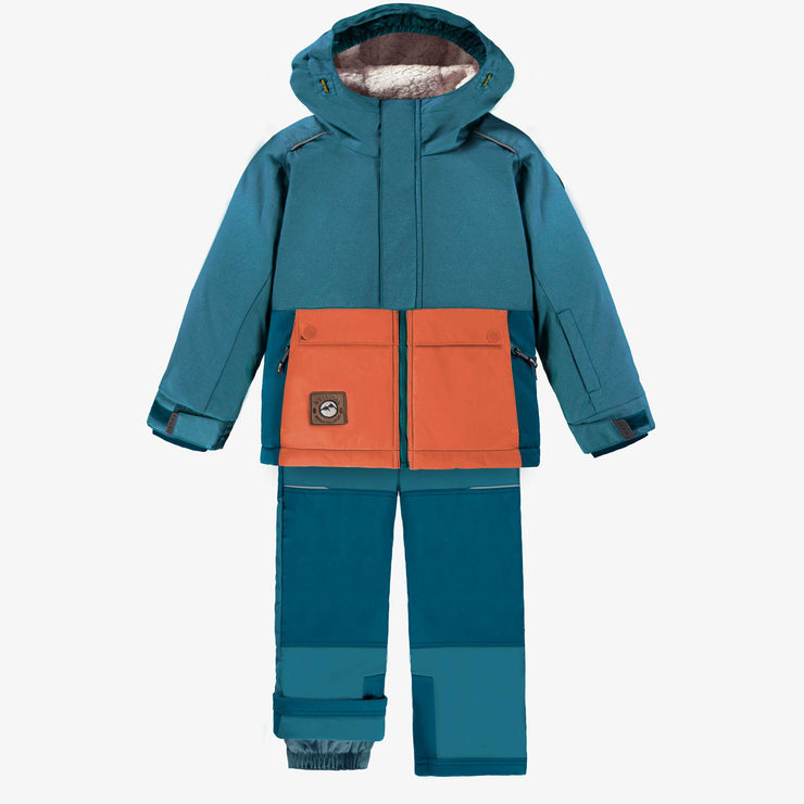 Habit de neige deux pièces bleu sarcelle et orange, enfant || Two-piece snowsuit with teal blue and orange color block, child