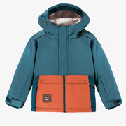 Habit de neige deux pièces bleu sarcelle et orange, enfant || Two-piece snowsuit with teal blue and orange color block, child