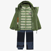 Habit de neige deux pièces vert et bleu denim, enfant || Two-piece snowsuit with green and blue denim color block, child