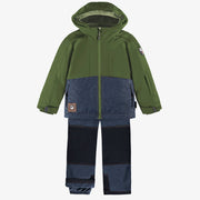 Habit de neige deux pièces avec bloc de couleur bleu sarcelle et orange, enfant || Two-piece snowsuit with teal blue and orange color block, child