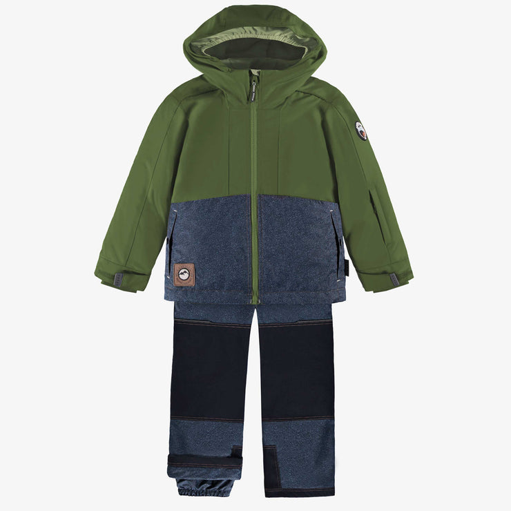 Habit de neige deux pièces avec bloc de couleur bleu sarcelle et orange, enfant || Two-piece snowsuit with teal blue and orange color block, child