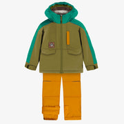 Habit de neige deux pièces vert et jaune avec bloc de couleur turquoise, enfant || Two-piece yellow and green snowsuit with turquoise color block, child