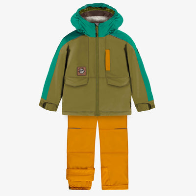 Habit de neige deux pièces vert et jaune avec bloc de couleur turquoise, enfant || Two-piece yellow and green snowsuit with turquoise color block, child