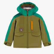 Habit de neige deux pièces vert et jaune avec bloc de couleur turquoise, enfant || Two-piece yellow and green snowsuit with turquoise color block, child