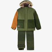 Habit de neige deux pièces vert avec blocs de couleur vert et caramel, enfant || Two-piece green snowsuit with green and caramel color block, child