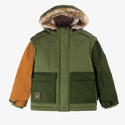 Habit de neige deux pièces vert avec blocs de couleur vert et caramel, enfant || Two-piece green snowsuit with green and caramel color block, child