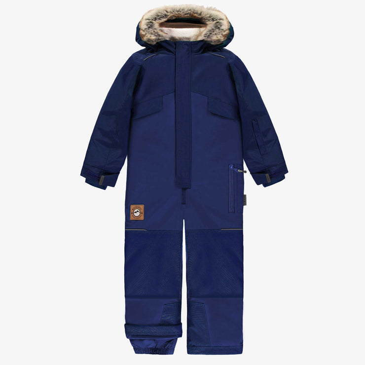 Habit de neige une-pièce bleu avec capuchon à fausse fourrure, enfant || Blue one-piece snowsuit with faux fur hood, child