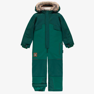 Habit de neige une-pièce vert avec capuchon à fausse fourrure, enfant || Green one-piece snowsuit with faux fur hood, child