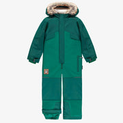 Habit de neige une-pièce vert avec capuchon à fausse fourrure, enfant || Green one-piece snowsuit with faux fur hood, child