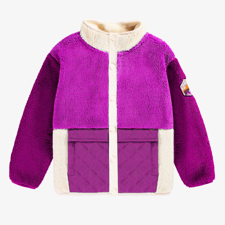 Veste en sherpa mauve blocs de couleurs à col montant, enfant || Sherpa purple color-block vest with high collar, child