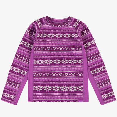 Chandail mauve à motifs en laine mérinos, enfant || Purple sweater with all over print in merino wool, child