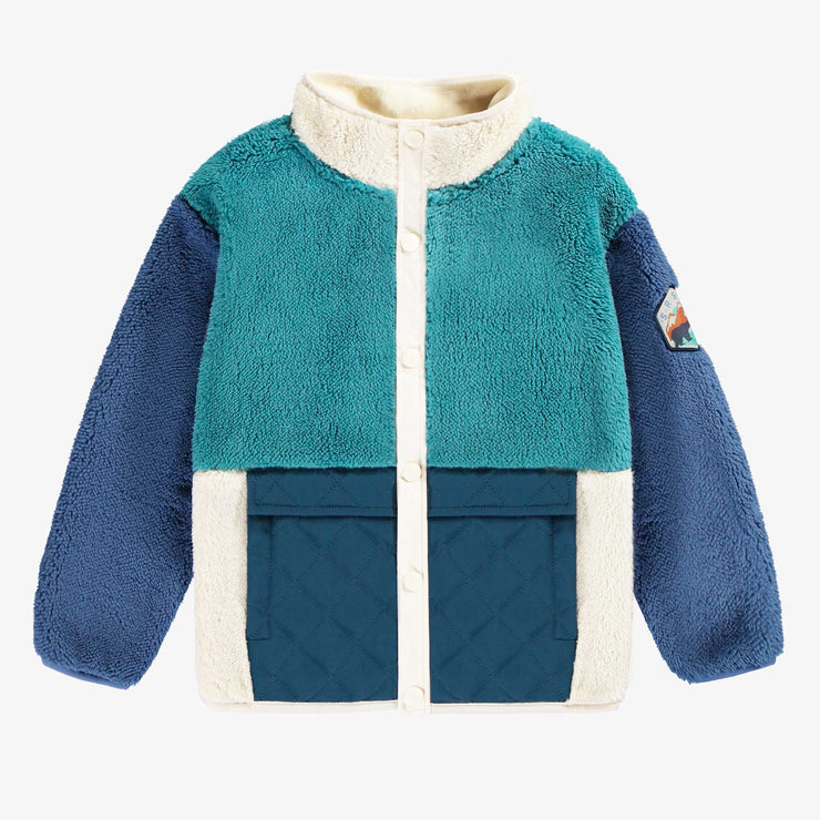 Veste en sherpa turquoise et bleue bloc de couleurs à col montant, enfant || Sherpa turquoise and blue color-block vest with high collar, child