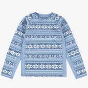 Chandail bleu à motifs en laine mérinos, enfant || Blue sweater with all over print in merino wool, child