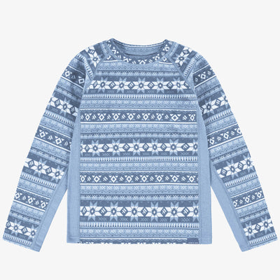 Chandail bleu à motifs en laine mérinos, enfant || Blue sweater with all over print in merino wool, child