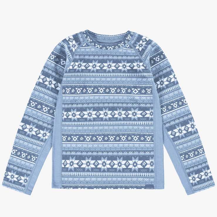 Chandail bleu à motifs en laine mérinos, enfant || Blue sweater with all over print in merino wool, child