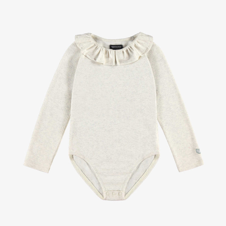 Justaucorps crème avec col Claudine en jersey pointelle brillant, enfant || Cream bodysuit with Claudine collar in shiny pointelle jersey, child