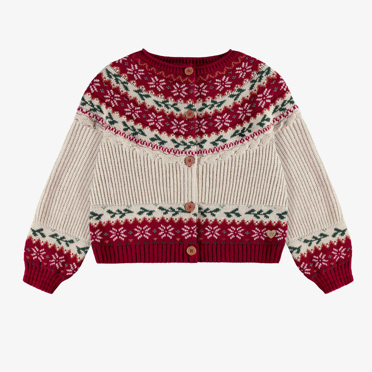 Cardigan de maille crème et rouge à motifs des fêtes, enfant || Cream and red knit cardigan with holiday all over print, child