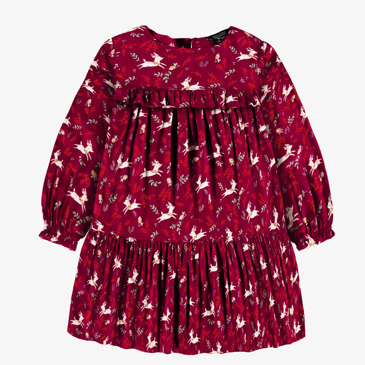 Robe rouge avec volant et motifs de rennes en viscose, enfant || Red dress with ruffle and reindeer all over print in viscose, child