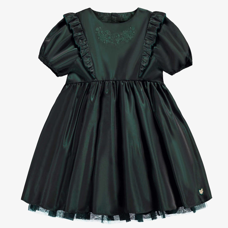 Robe émeraude en taffetas et tulle avec volants, enfant || Emerald dress in taffeta and tulle with ruffles, child