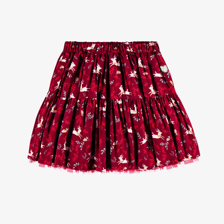 Jupe courte rouge avec motifs de rennes en viscose, enfant || Red short skirt with reindeer all over print in viscose, child