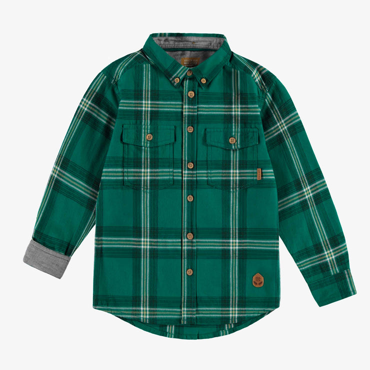 Chemise verte à carreaux en flanelle brossée, enfant || Plaid green shirt in brushed flannel, child