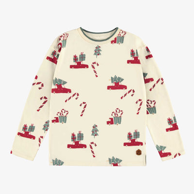 T-shirt crème à motifs des fêtes en jersey, enfant || Cream t-shirt with holiday all over print in jersey, child