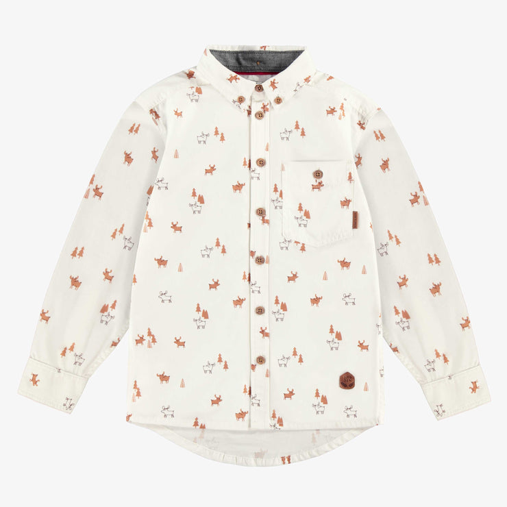 Chemise crème à motifs de rennes en popeline de coton, enfant || Cream reindeer shirt in cotton poplin, child