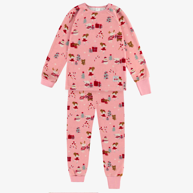 Pyjama deux pièces des fêtes rose en velours à motifs de ballerines, enfant || Pink two piece holiday pajamas with ballerina all over print, child