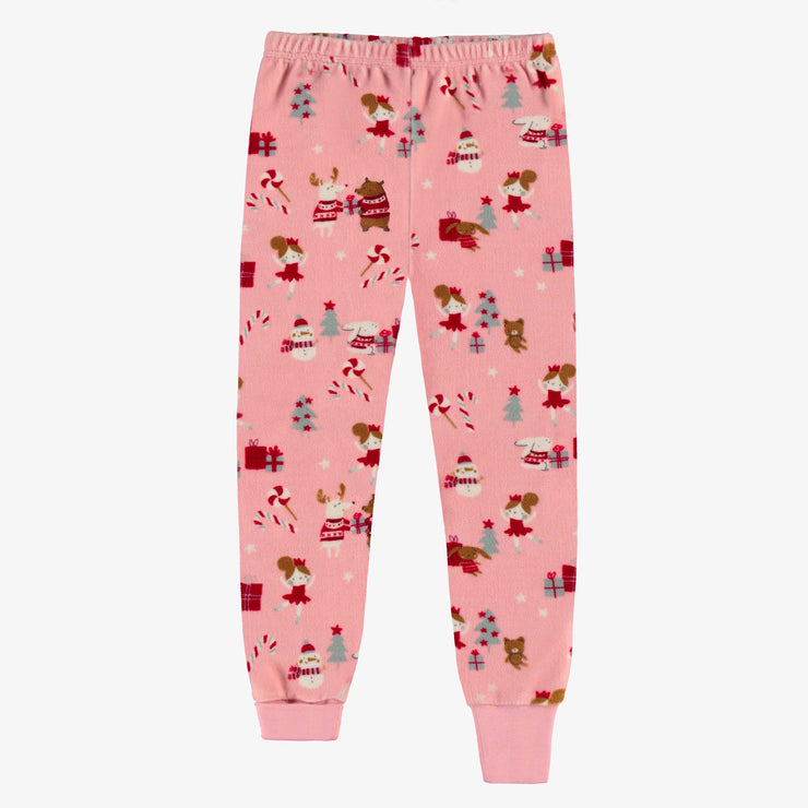 Pyjama deux pièces des fêtes rose en velours à motifs de ballerines, enfant || Pink two piece holiday pajamas with ballerina all over print, child