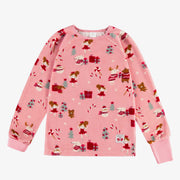 Pyjama deux pièces des fêtes rose en velours à motifs de ballerines, enfant || Pink two piece holiday pajamas with ballerina all over print, child