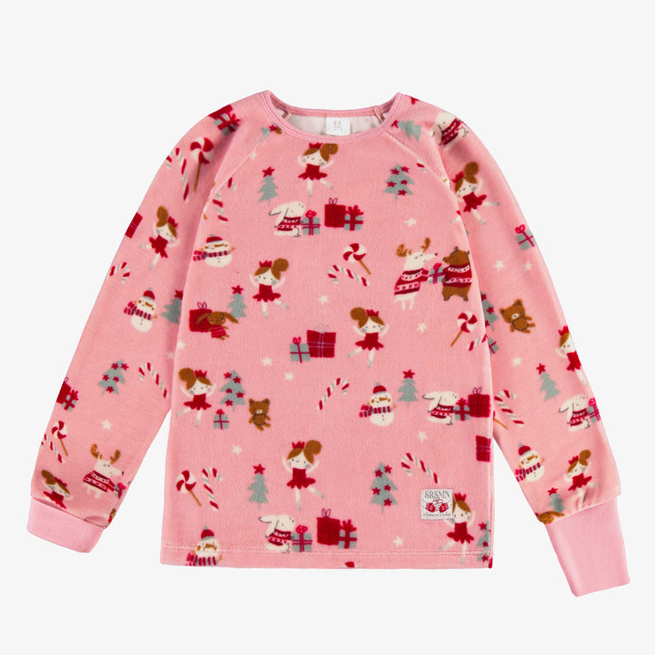 Pyjama deux pièces des fêtes rose en velours à motifs de ballerines, enfant || Pink two piece holiday pajamas with ballerina all over print, child