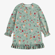 Robe de nuit des fêtes verte en polyester brossé à motifs de ballerines, enfant || Green holiday nightdress in brushed polyester with ballerina all over print, child