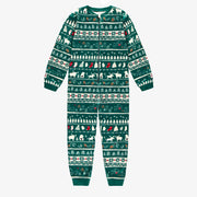 Pyjama une pièce vert à motifs des fêtes en polyester brossé, enfant || Green holiday one piece pajamas with all over print in brushed polyester, child