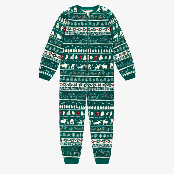 Pyjama une pièce vert à motifs des fêtes en polyester brossé, enfant || Green holiday one piece pajamas with all over print in brushed polyester, child