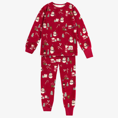 Pyjama deux pièces rouge en velours avec motifs des fêtes, enfant || Red two piece pajamas in velvet with holiday all over print, child