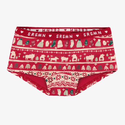 Culotte garçonne rouge en jersey extensible à motifs des fêtes, enfant || Red boycut panties in stretch jersey with holiday all over print, child