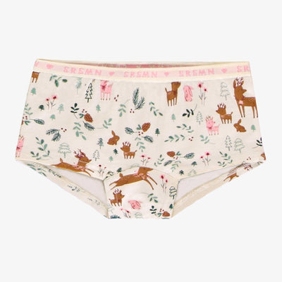 Culotte garçonne crème en jersey extensible à motifs de rennes, enfant || Cream boycut panties in stretch jersey with reindeer all over print, child