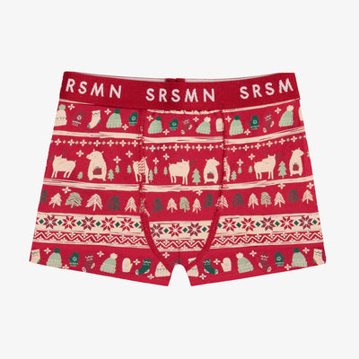 Boxer ajusté rouge en jersey extensible à motifs des fêtes, enfant || Red fitted boxer in stretch jersey with holiday all over print, child