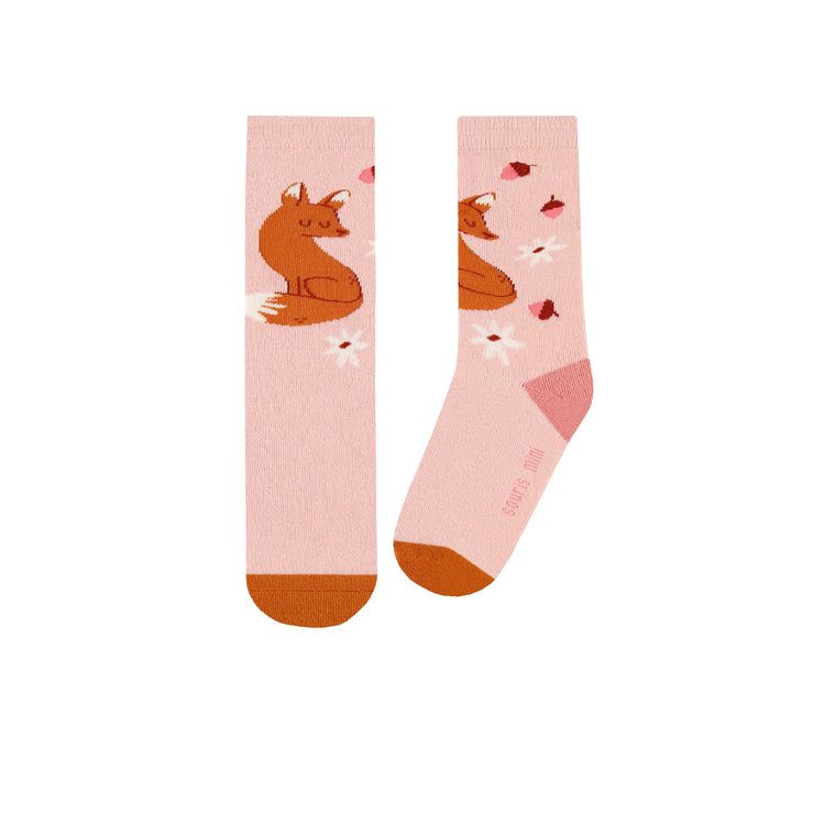 Chaussettes rose pâle avec renards et des petites fleurs, bébé || Light pink socks with foxes and little flowers, baby