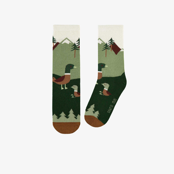 Chaussettes vertes et crème avec paysage et canards, enfant || Green socks with landscape and ducks, child