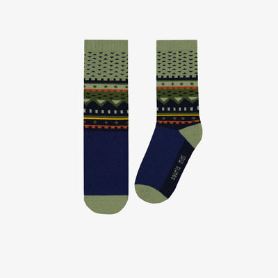 Chaussettes bleues et vertes avec motifs et rayures, enfant || Blue and green socks with all over print and stripes, child