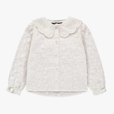 Chemise blanche à manches longues en voile de coton avec broderies, enfant || Long-sleeved white shirt in cotton veil with embroideries, child