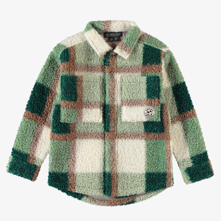 Surchemise à carreaux verts, crème et bruns en sherpa, enfant || Green, cream and brown sherpa plaid overshirt, child