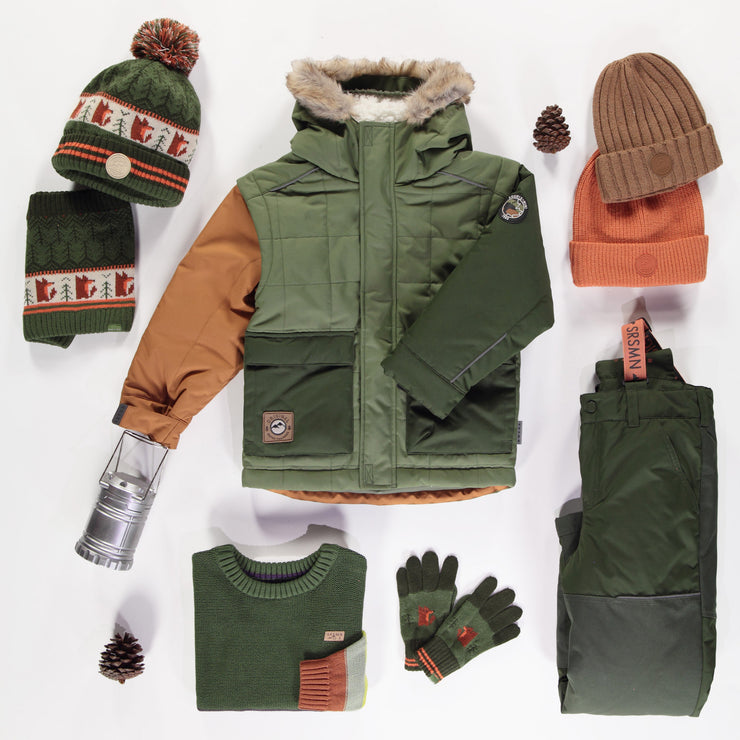 Habit de neige deux pièces vert avec blocs de couleur vert et caramel, enfant || Two-piece green snowsuit with green and caramel color block, child