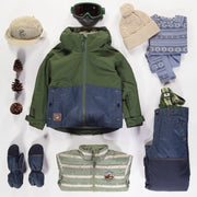 Habit de neige 3 en 1 vert et bleu denim, enfant || Snowsuit 3 in 1 with green and blue denim color block, child