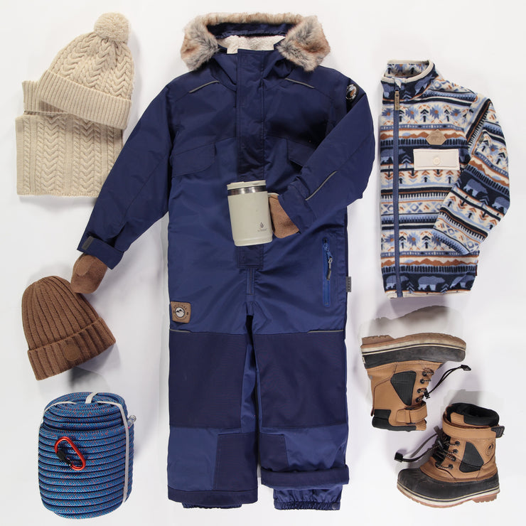 Habit de neige une-pièce bleu avec capuchon à fausse fourrure, enfant || Blue one-piece snowsuit with faux fur hood, child